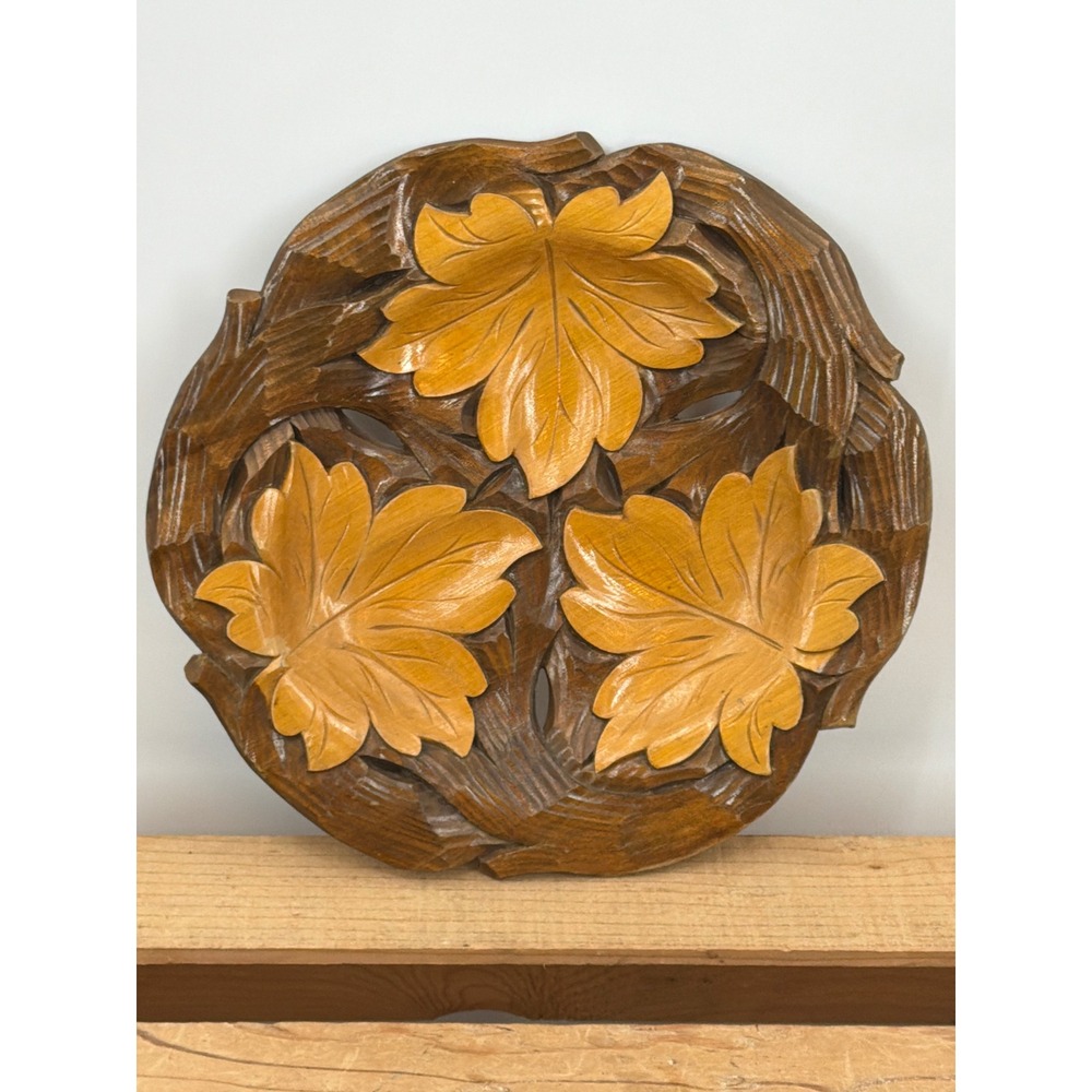 Vintage Hand Carved Wood Maple Leaf Wall Plaque Round Polish Decor 10"